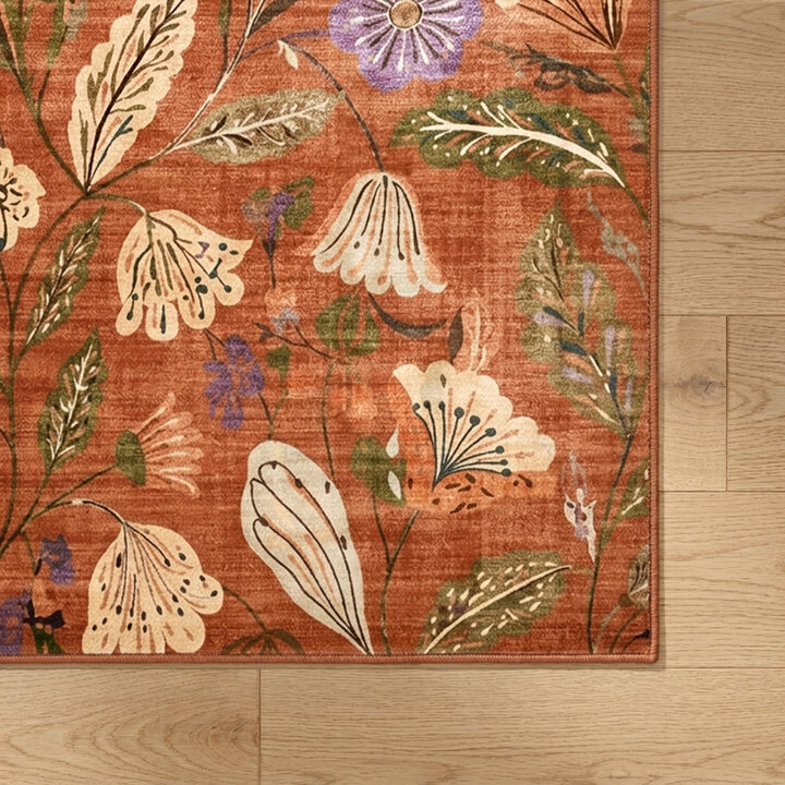 Wasbaar vloerkleed - Misty Flowers Terracotta  | Wasbaar
