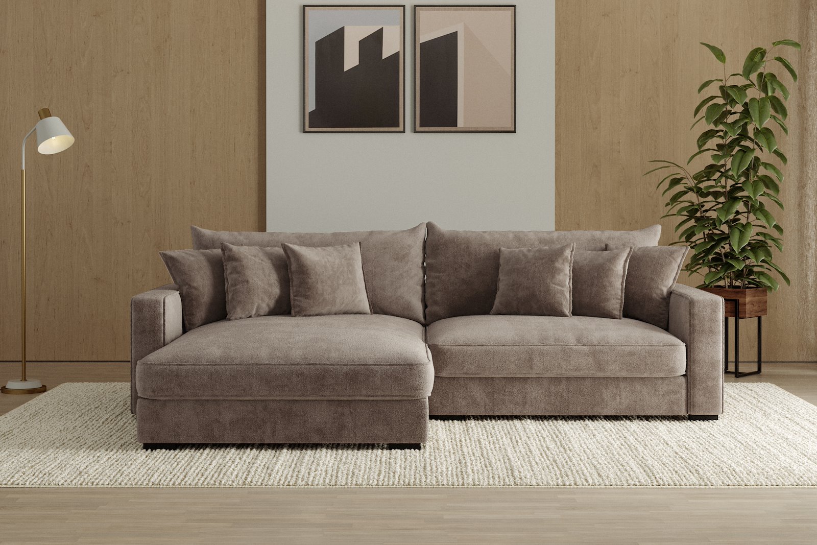 Rossi Lux 2-seter med XL sjeselong venstre Tekstil Genesis 6 Mink, arm B med sorte ben. Lux Komfort.