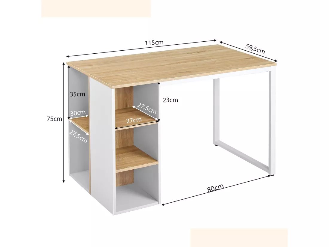 Bureau d'Ordinateur avec Bibliothèque, Bureau Informatique avec 5 Compartiments, Cadre en Métal, Table d'Ordinateur pour Bureau, Chambre, Studio, 115 x 59,5 x 75 cm (Naturel)