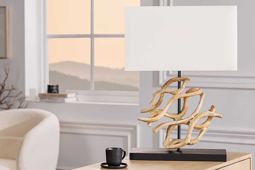 Design Tischlampe WAVE 60cm natur Massivholz handmade weiß Baumwollschirm