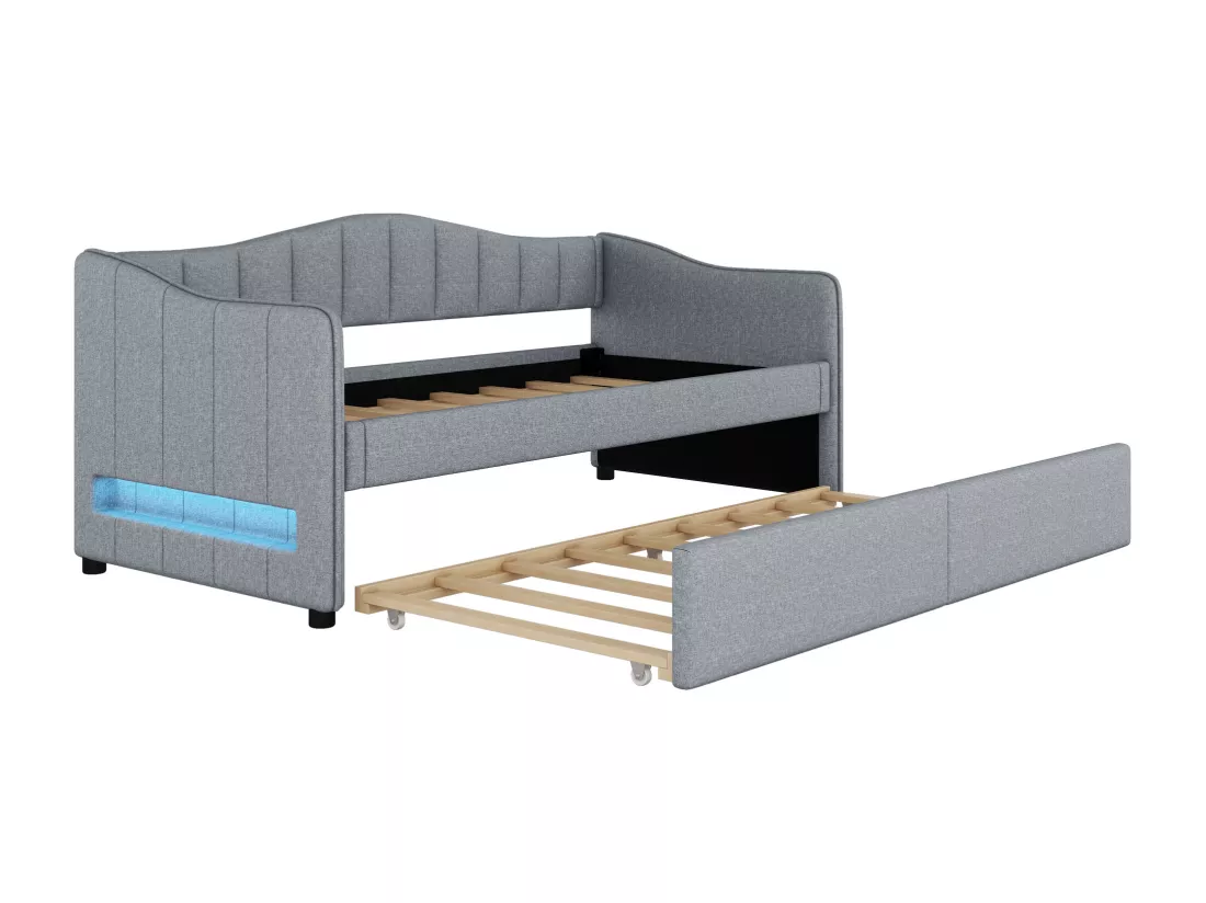 Lit banquette 90x200cm avec LED + lit gigogne 90x190cm - rembourré en tissu lin - Gris (matelas non inclus)
