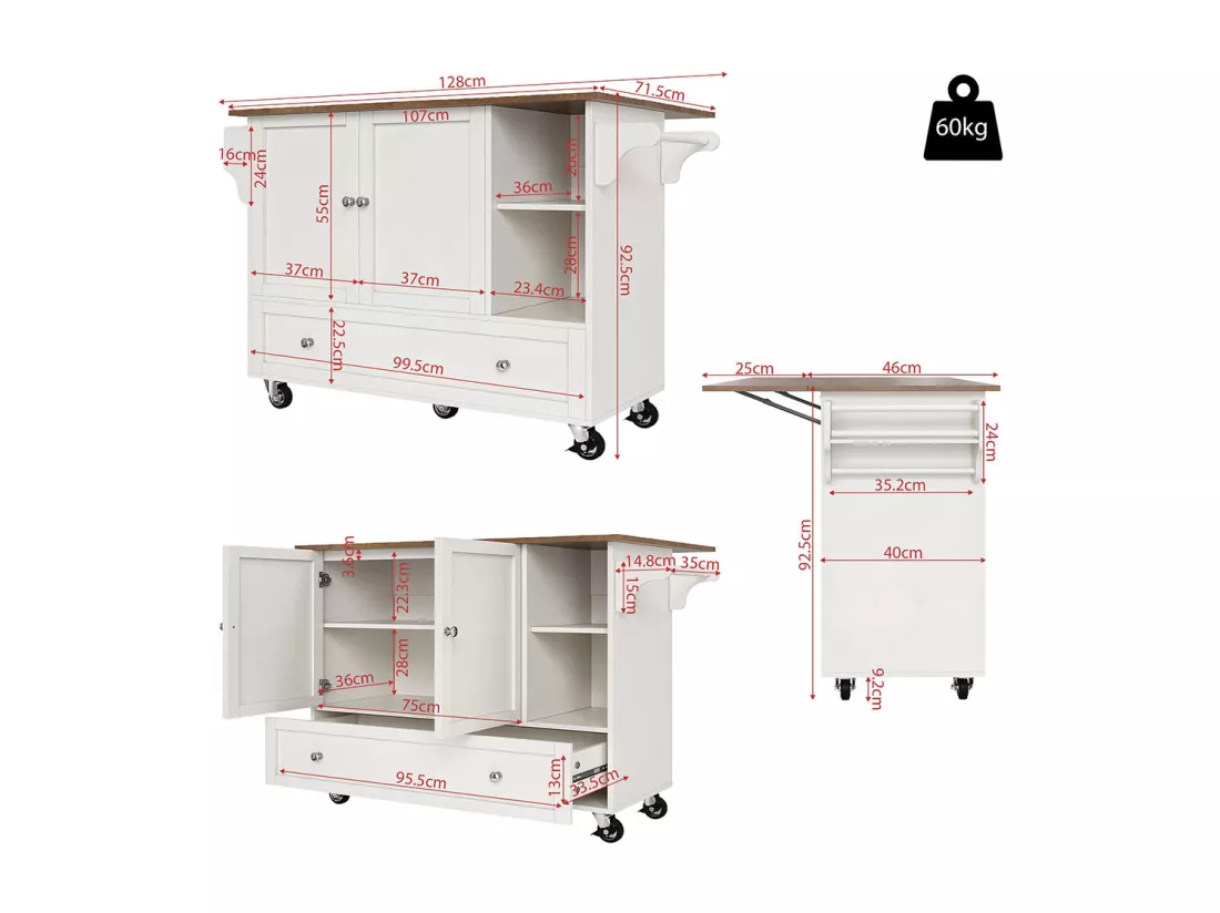 Chariot cuisine repas amovible rangements ouverts porte-serviettes étagère à épices plateau bois blanc