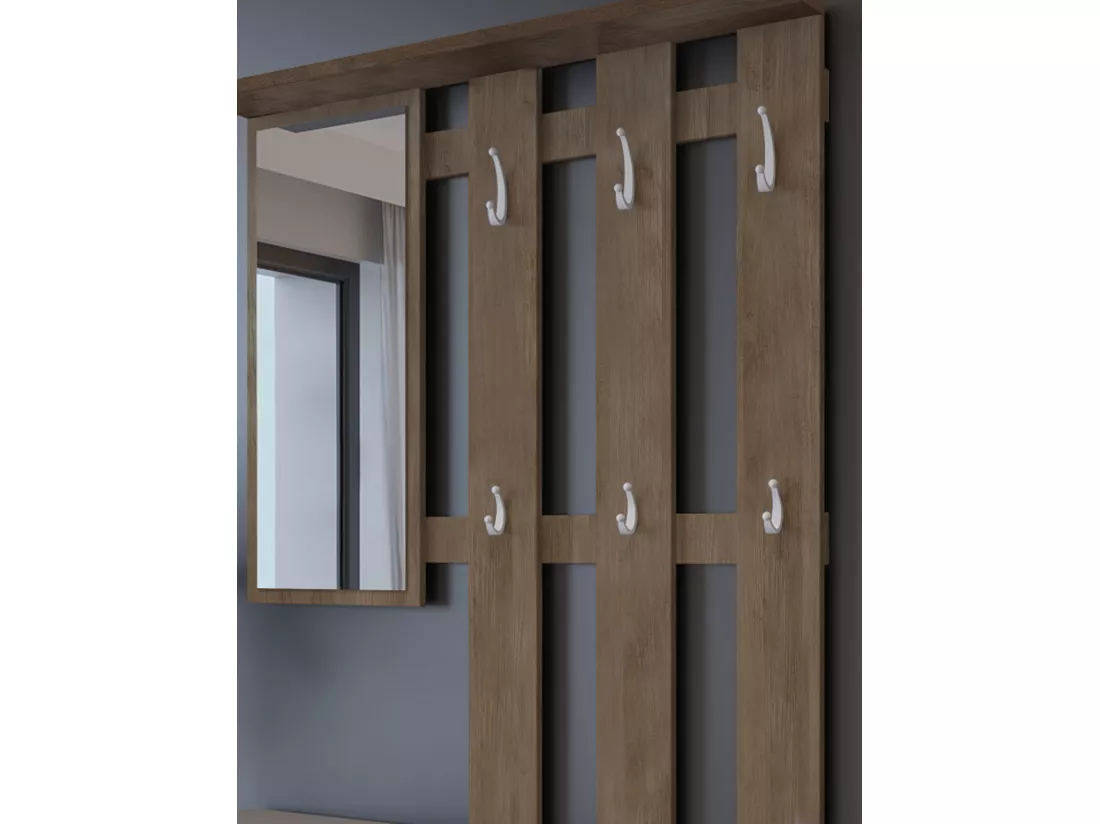 Meuble d'entrée Clint, Entrée moderne, Armoire avec étagère à chaussures, Armoire polyvalente avec miroir et cintre, 100x25h180 cm, Chêne et Blanc