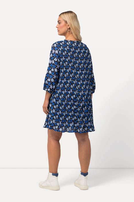 Plissee-Minikleid, Blüten, Rüschen-Stehkragen, 3/4-Arm