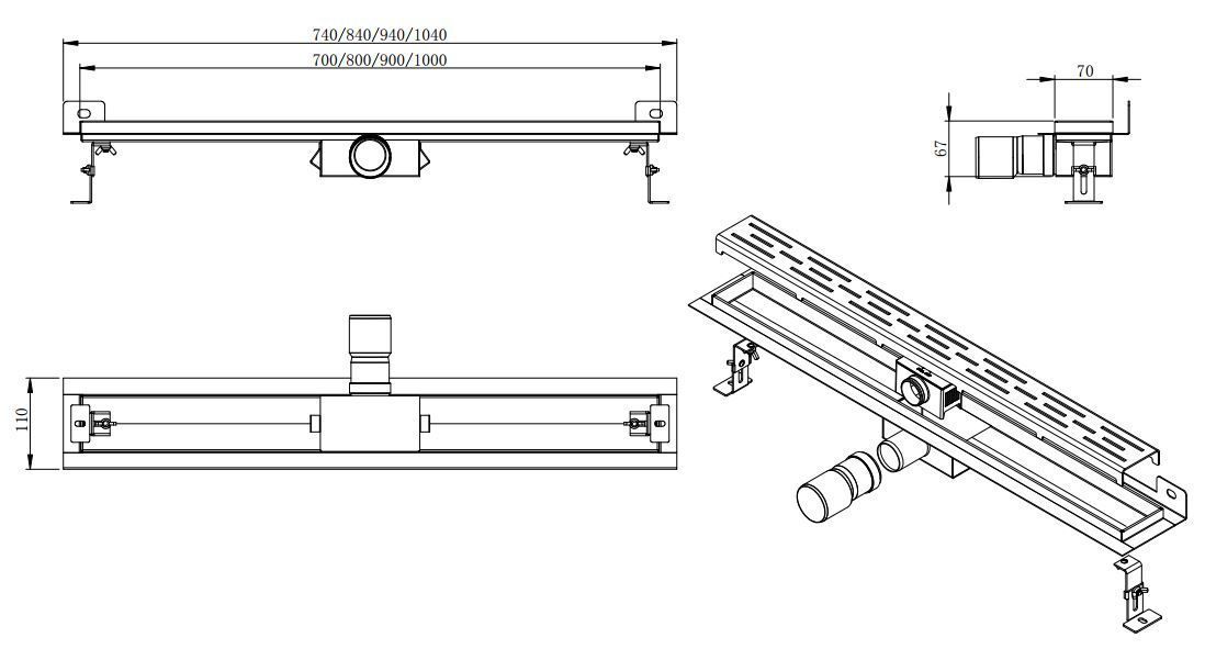 Mueller Luxa RVS douchegoot 100x7cm met muurflens
