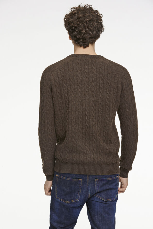 Lindbergh Lambswool raglan cable o-neck Dk brown mel