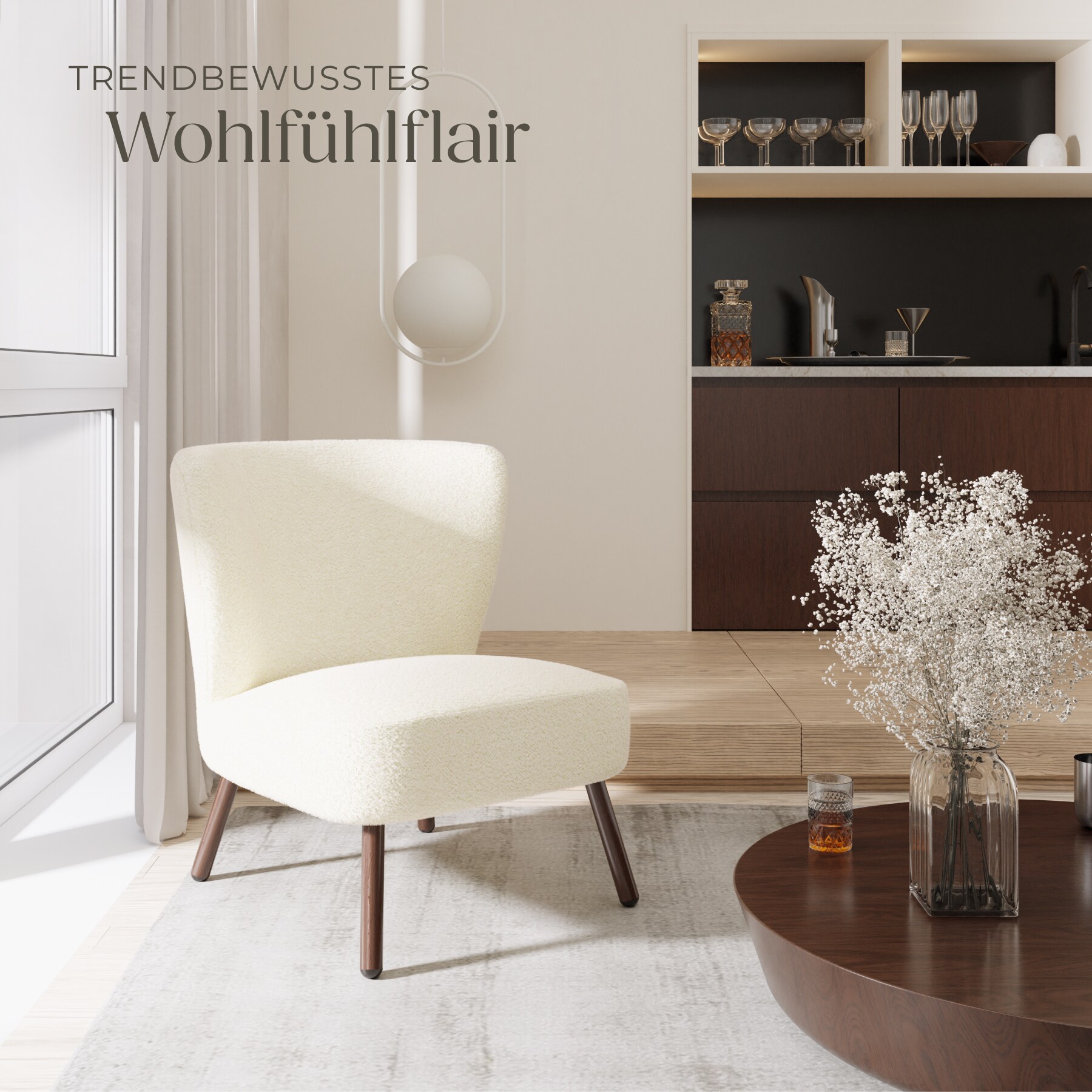 tectake® Teddy-Cocktailsessel, gepolstert, mit Bouclé-Bezug, runde Stahlbeine in Holzoptik, 62 x 73 x 74