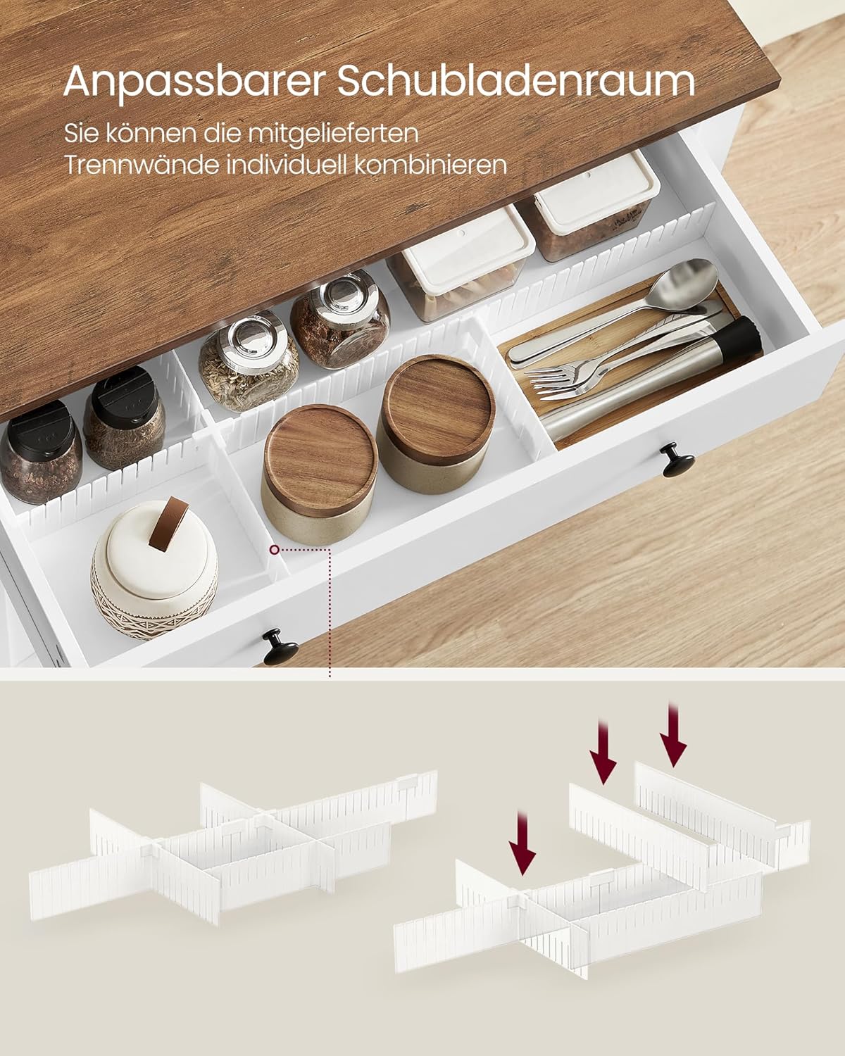 VASAGLE Küchenschrank, Sideboard mit Schubladen, Aufbewahrungsschrank mit Türen, verstellbare Ablage, Landhausstil, für Wohnzimmer Küche, 40 x 80 x 80 cm, wolkenweiß-honigbraun BBK341W02