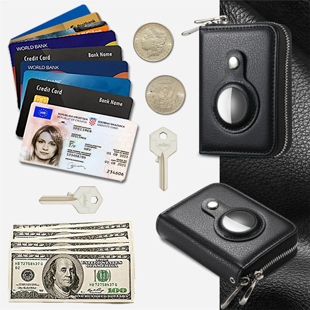 (12.7x11.1x3.6cm) Apple AirTag Wallet Mini Kreditkarten Portemonnaie Leder Etui Geldbörse Litchi Look  (RFID Schutz) - Schwarz