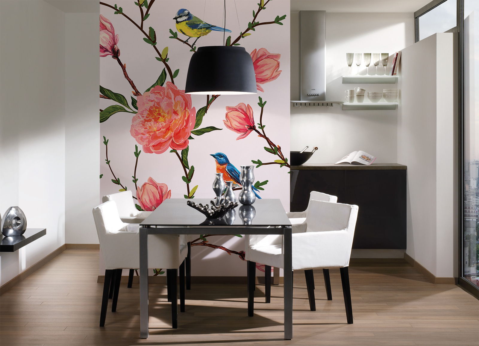 Fototapete DESIGNWALLS - grau-rosa - Blumen - 2,55 Meter