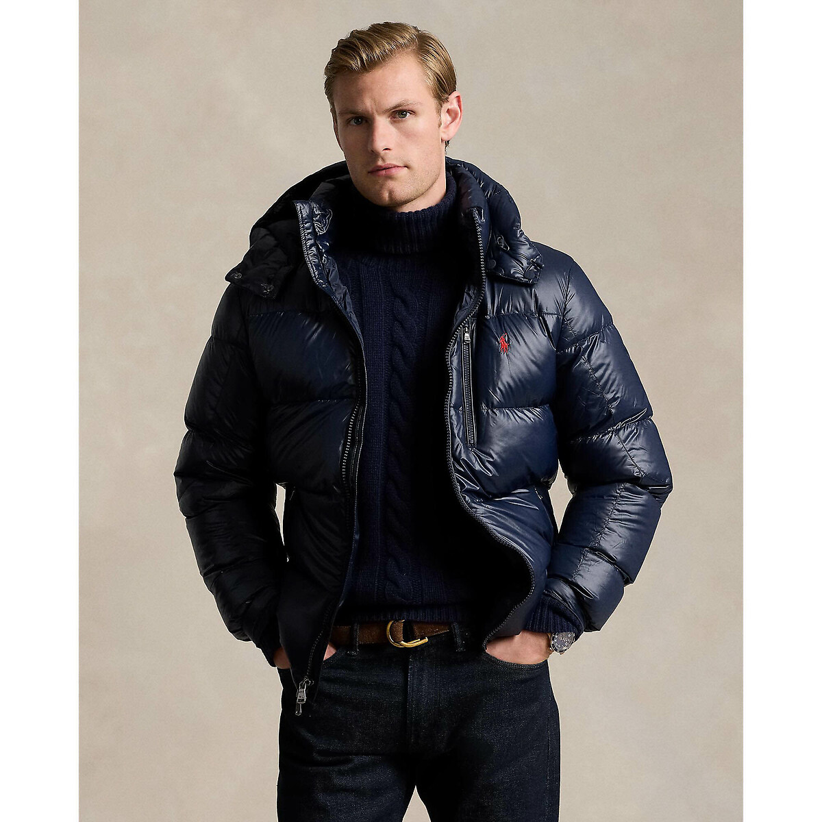 POLO RALPH LAUREN<br>Jaqueta de plumas El Cap, brilhante, com capuz removível