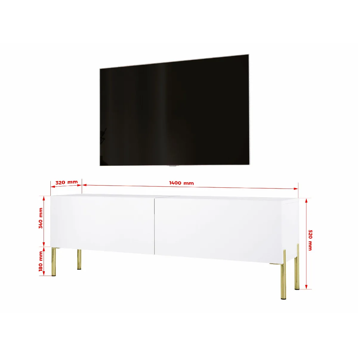 3XELIVING Meuble TV en couleur Blanc mat avec pieds droits en or, D: l : 140 cm, H : 52 cm, P : 32 cm