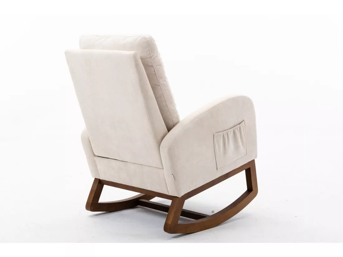 Fauteuil à Bascule - Rocking chair - Dossier Capitonné Pieds en Bois - Style Scandinave - Beige