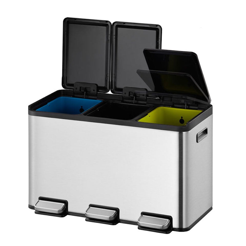 PROREGAL Rechthoekige afvalbak van geborsteld roestvrij staal met aparte softclose- en openhouddeksels 30 liter HxBxD 37,1 x 59,5 x 32,1 cm Zilver