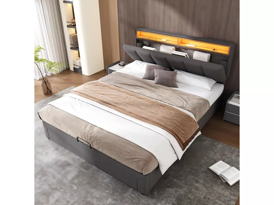 Lit coffre 140x200cm en lin Gris, avec LED et tête de lit rangeable, boîte de lit hydraulique