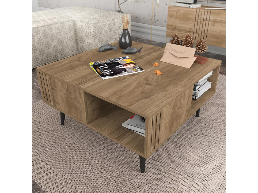 Table basse carré avec niche Ronas avec les pieds en bois (Noyer)