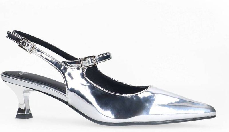 Manfield - Zilveren Lak Slingbacks - Pumps - Puntneus - 2 Gespsluitingen