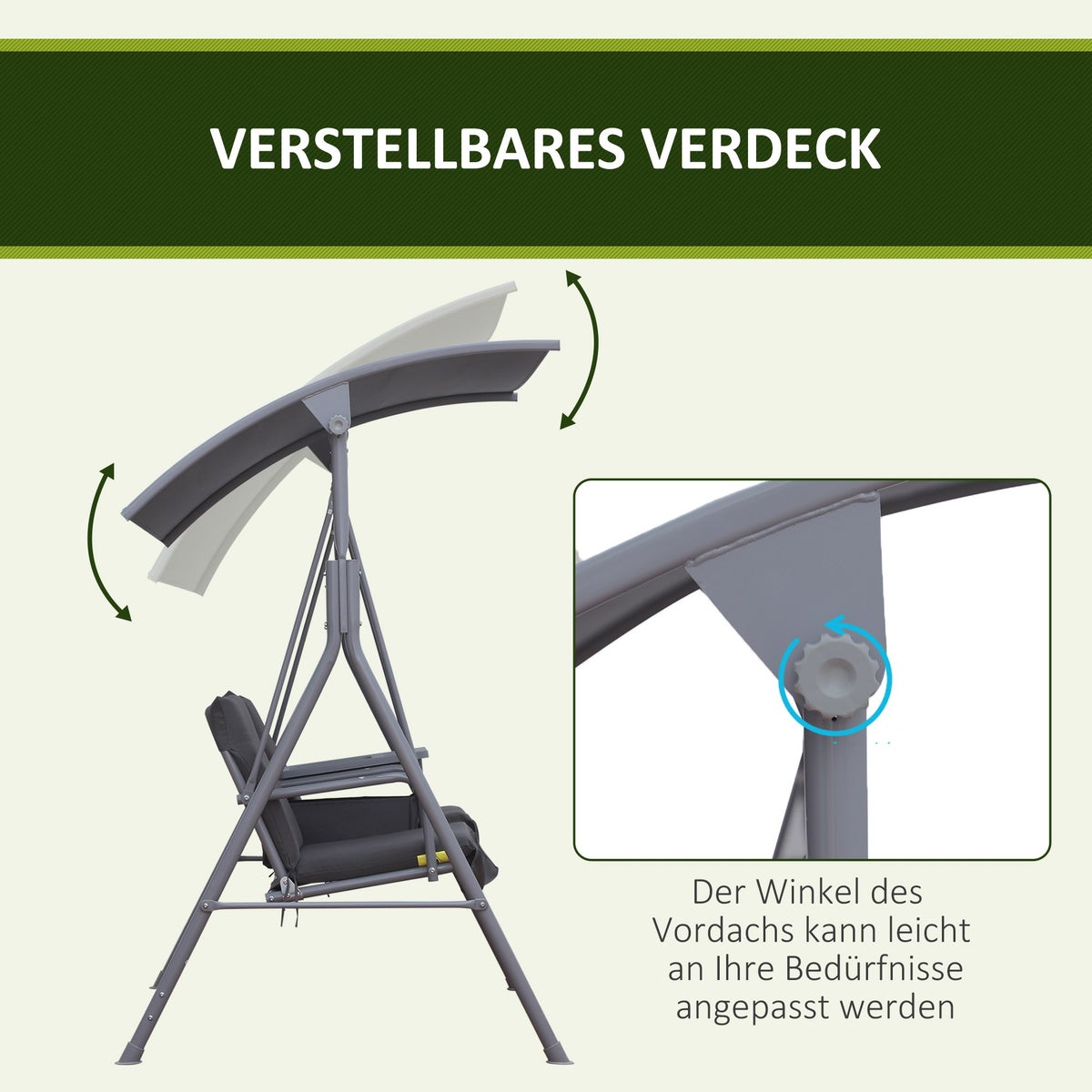 Outsunny Hollywood Swing, 2-zits tuinschommel met parasol, 175 x 112 x 165 cm, metaal, polyester, Oxford, grijs