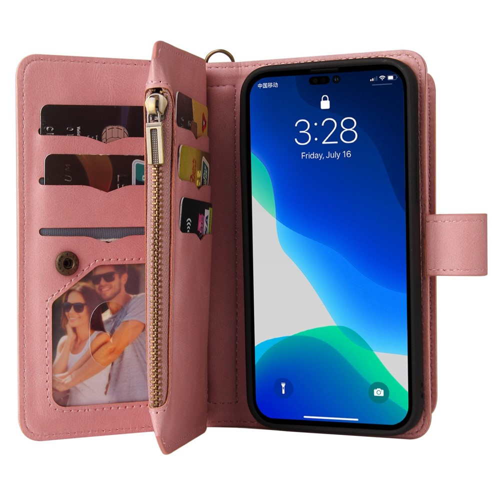 iPhone 14 Pro Max Leder Wallet Etui Tasche mit 13 Kartenfächern   Münzfach - Rosa