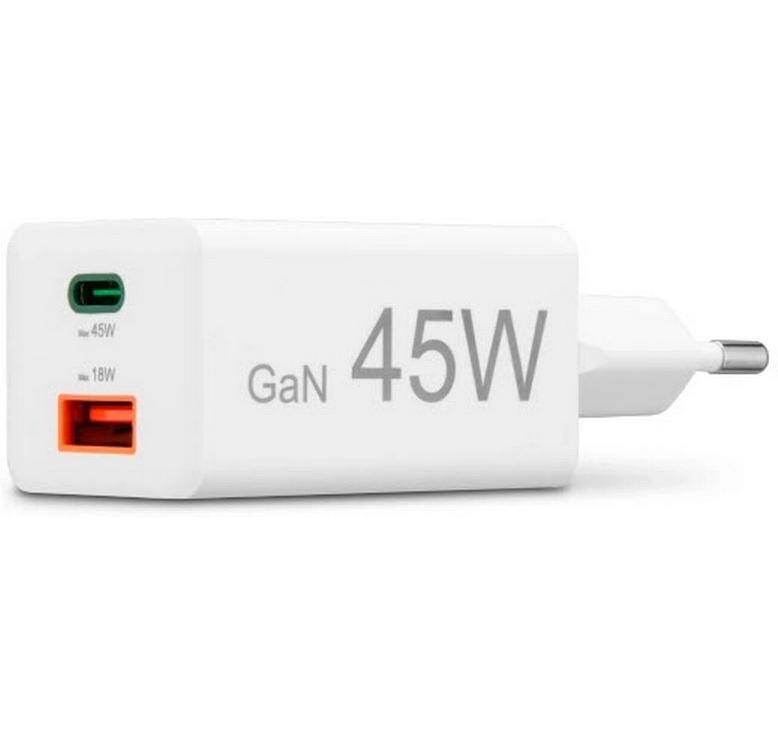 USB-Wandladegerät Gan charger USB-A USB-C 45 W WeissSchnellladegerät mit 1x USB-C und 1x USB-A