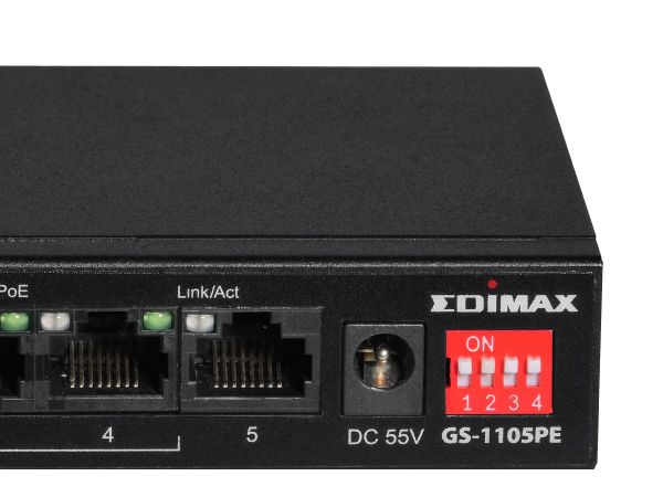 Edimax PoE  Switch GS-1105PE 5 Port 5-Port Gigabit PoE -Switch für Langstrecken mit 4 PoE -Ports und DIP-Schalter