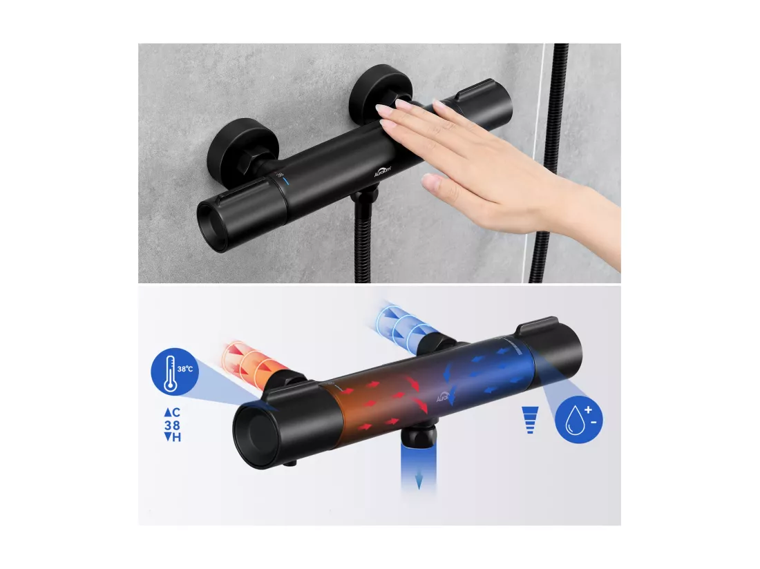 Mitigeur Thermostatique Douche Noir Mat,,Murale Robinet Thermostatique Douche avec Bouton Sécurisé à 38°C Anti-brûlure ,Mitigeur Douche Laiton
