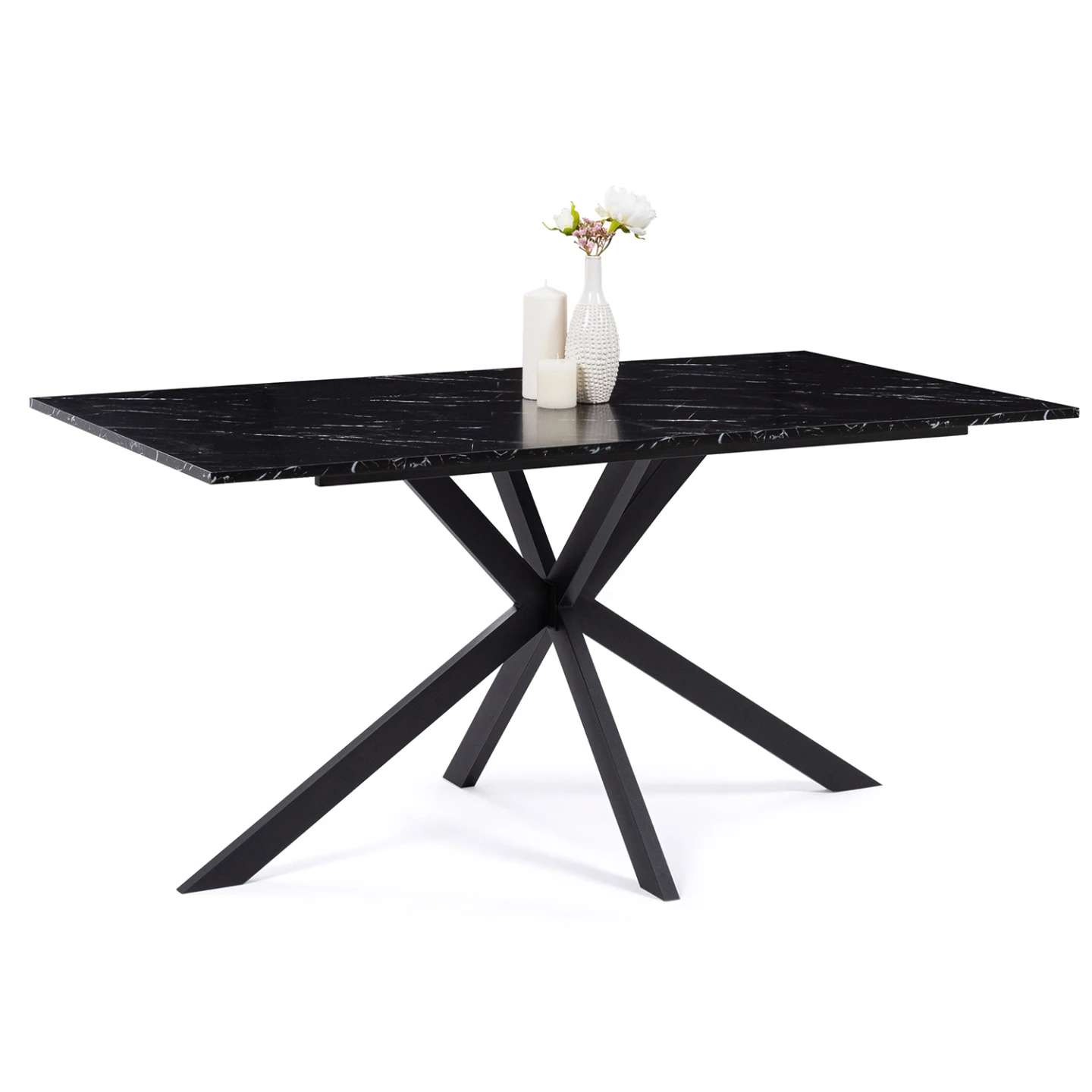 Table à manger rectangle ALIX 8 personnes pied araignée noir et plateau effet marbre noir ALASKA 160 cm
