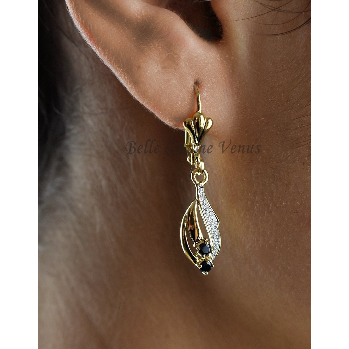 Parure saphir boucles d'oreilles dormeuses Plaqué OR 750 3 microns 2 tons