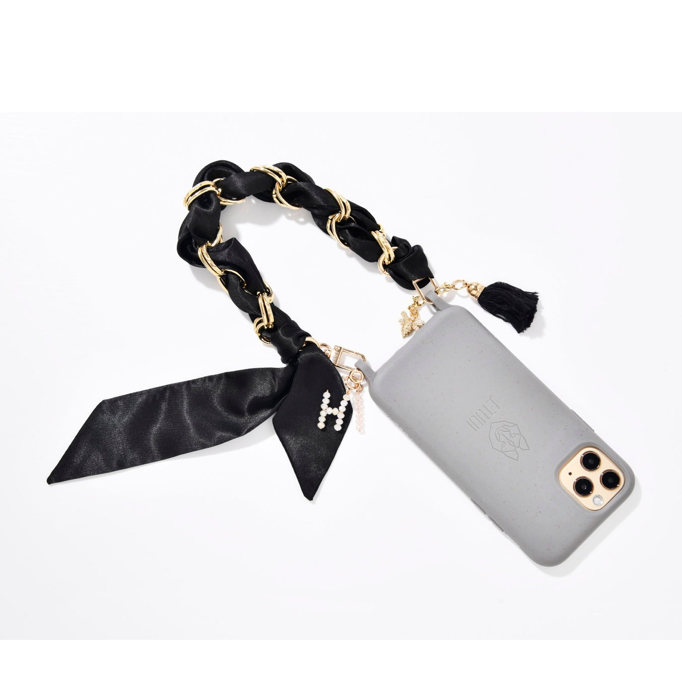 (25cm) Universal Handykette mit Seidentuch für Schutzhülle mit Karabiner Verschluss (silk-chain-churchill-s) - Schwarz / Gold