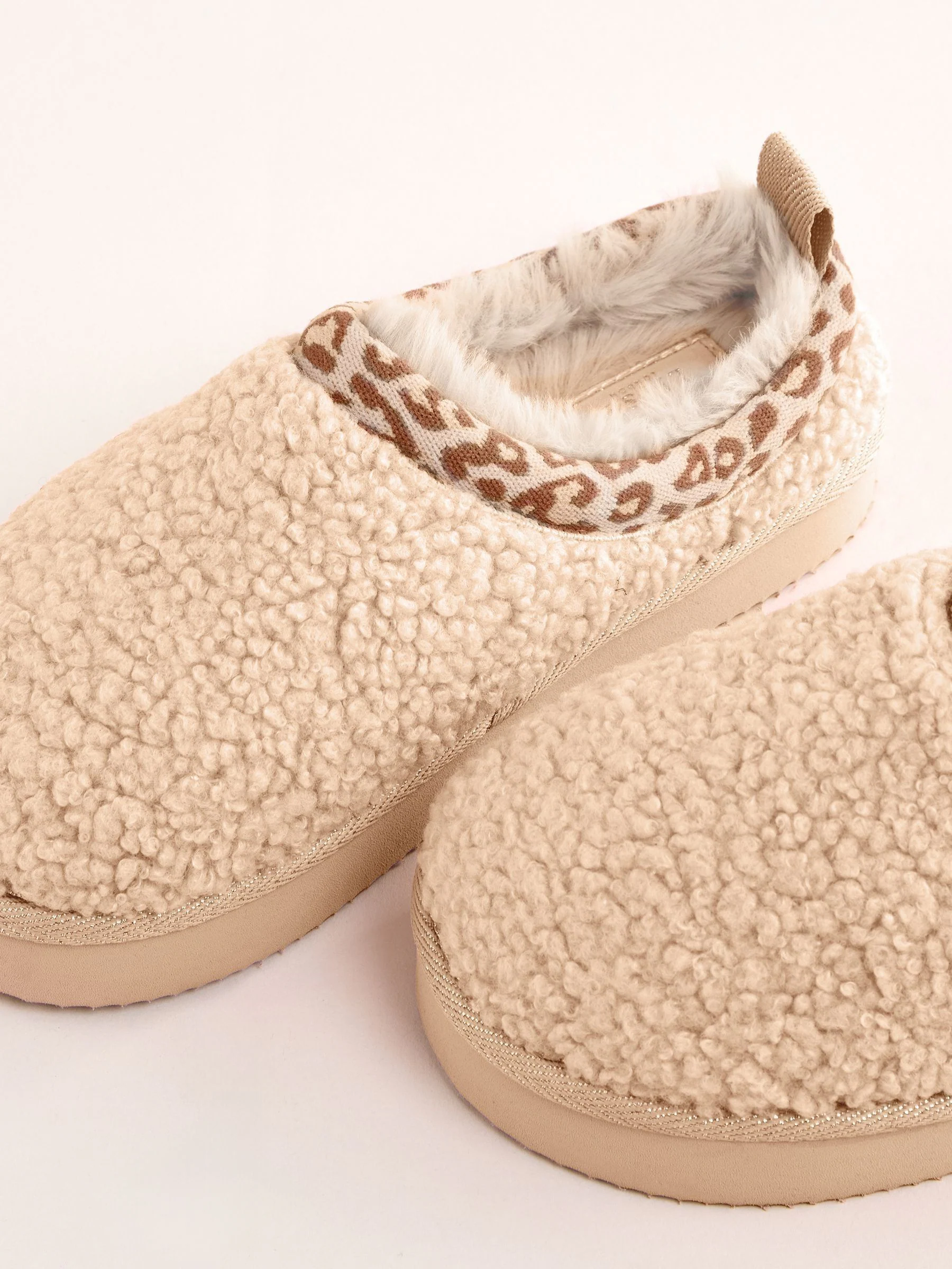Beige - Lipsy EVA Leopard Print Trim Borg Fluffy Slip On Clog Slippers
