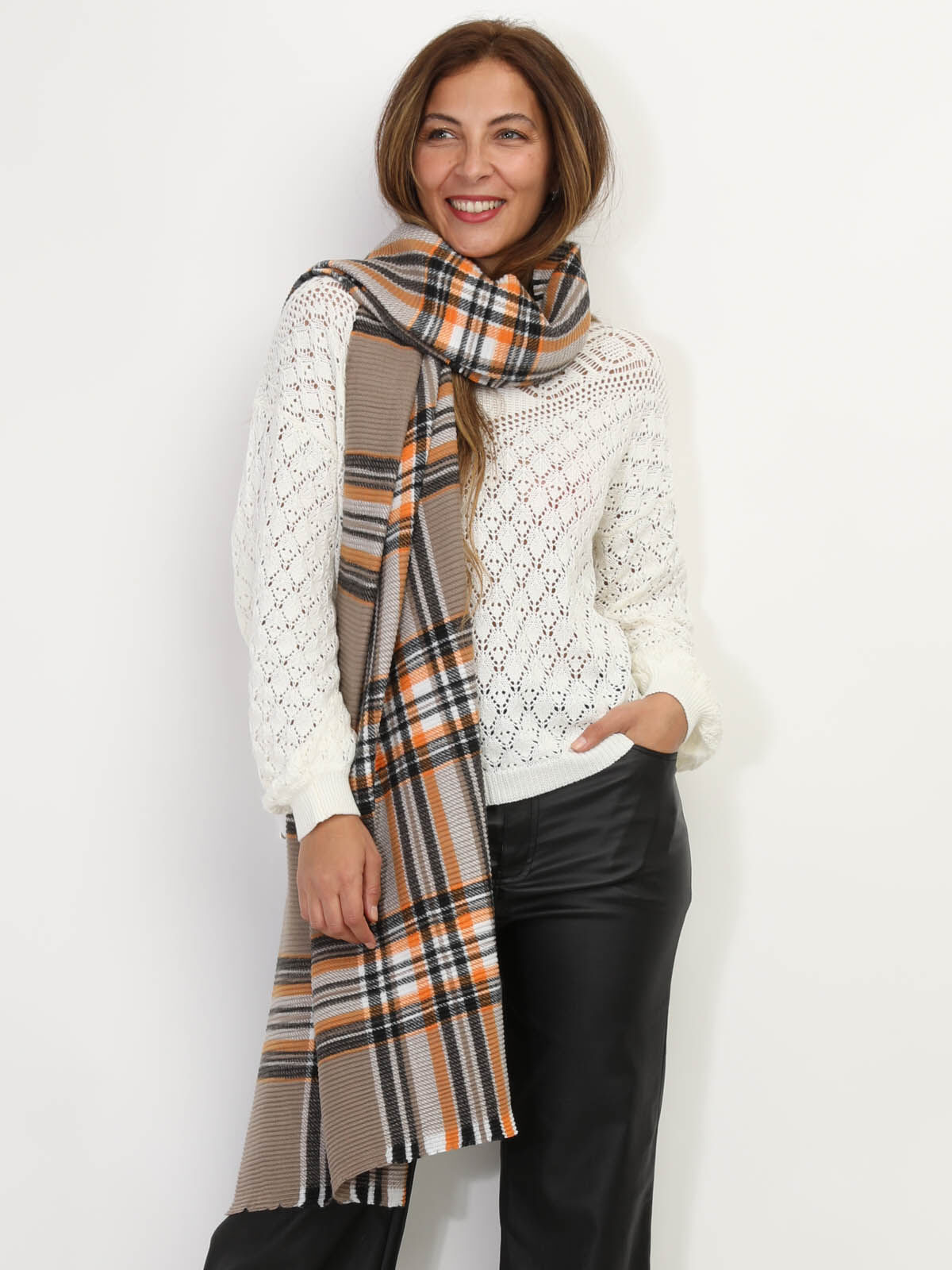 Écharpe XXL à motif écossais- Taupe