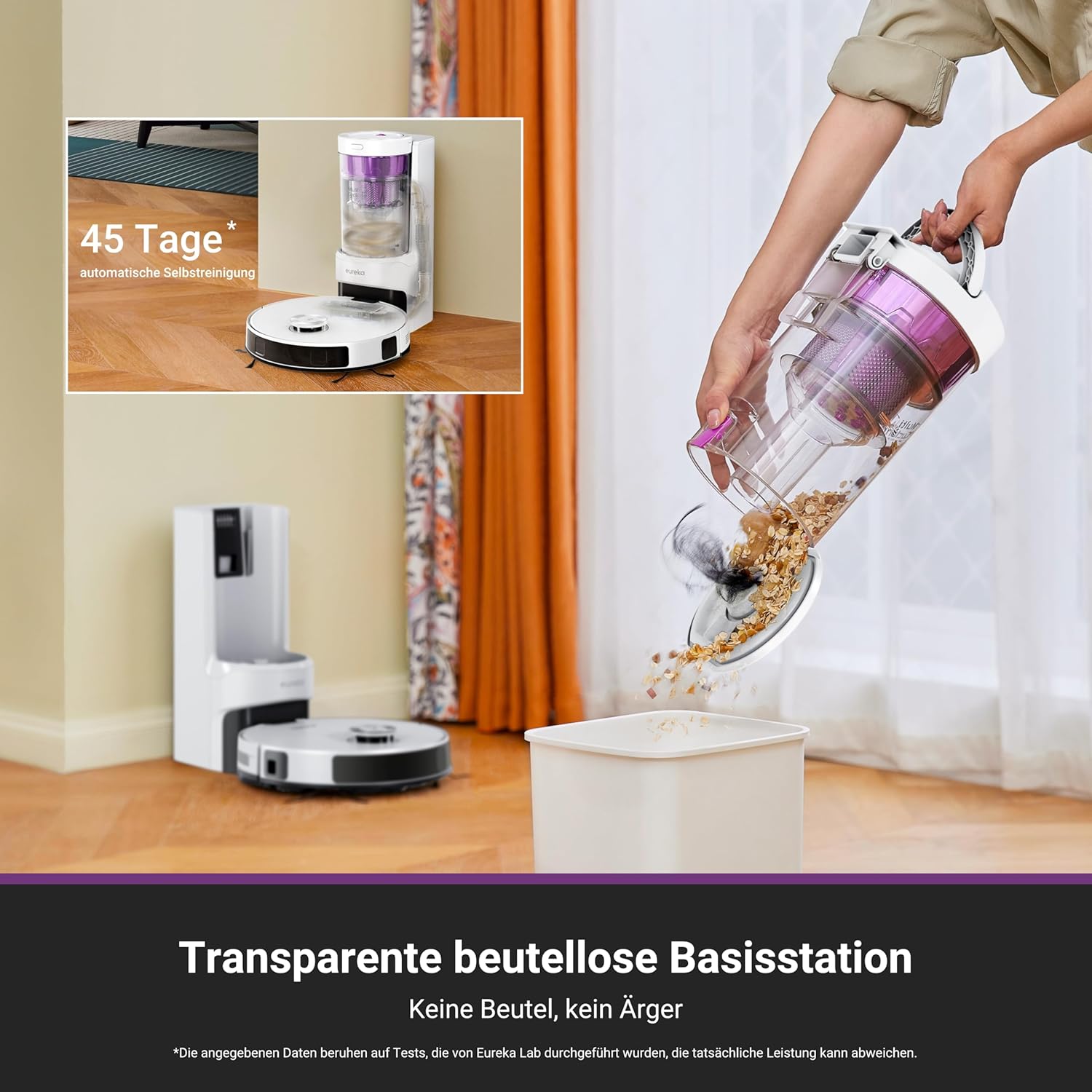 Eureka E20 Plus Saugroboter mit Absaugstation ohne Beutel, Staubsaugroboter 8000 Pa, Anti-Wickel, 180 Minuten Laufzeit, 3D Hindernisvermeidung, DuoDetect AI