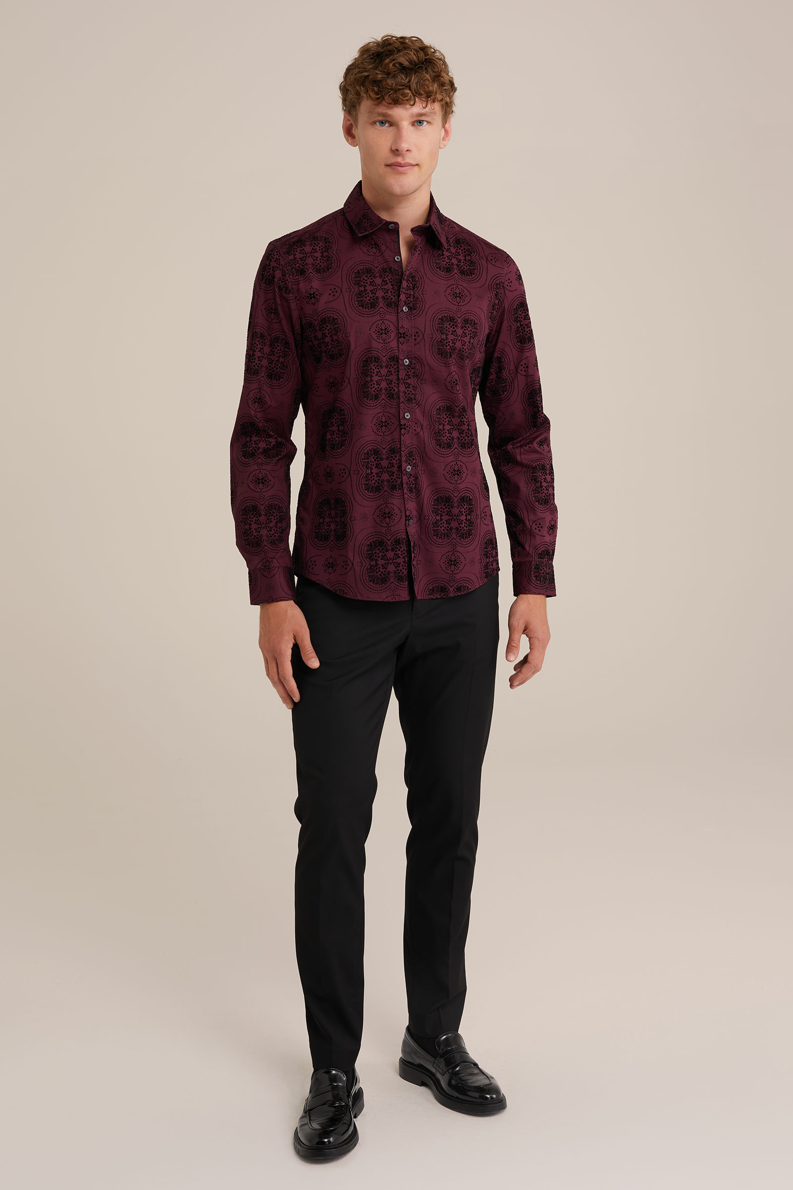 overhemd met velvet dessin WE Fashion Bordeauxrood