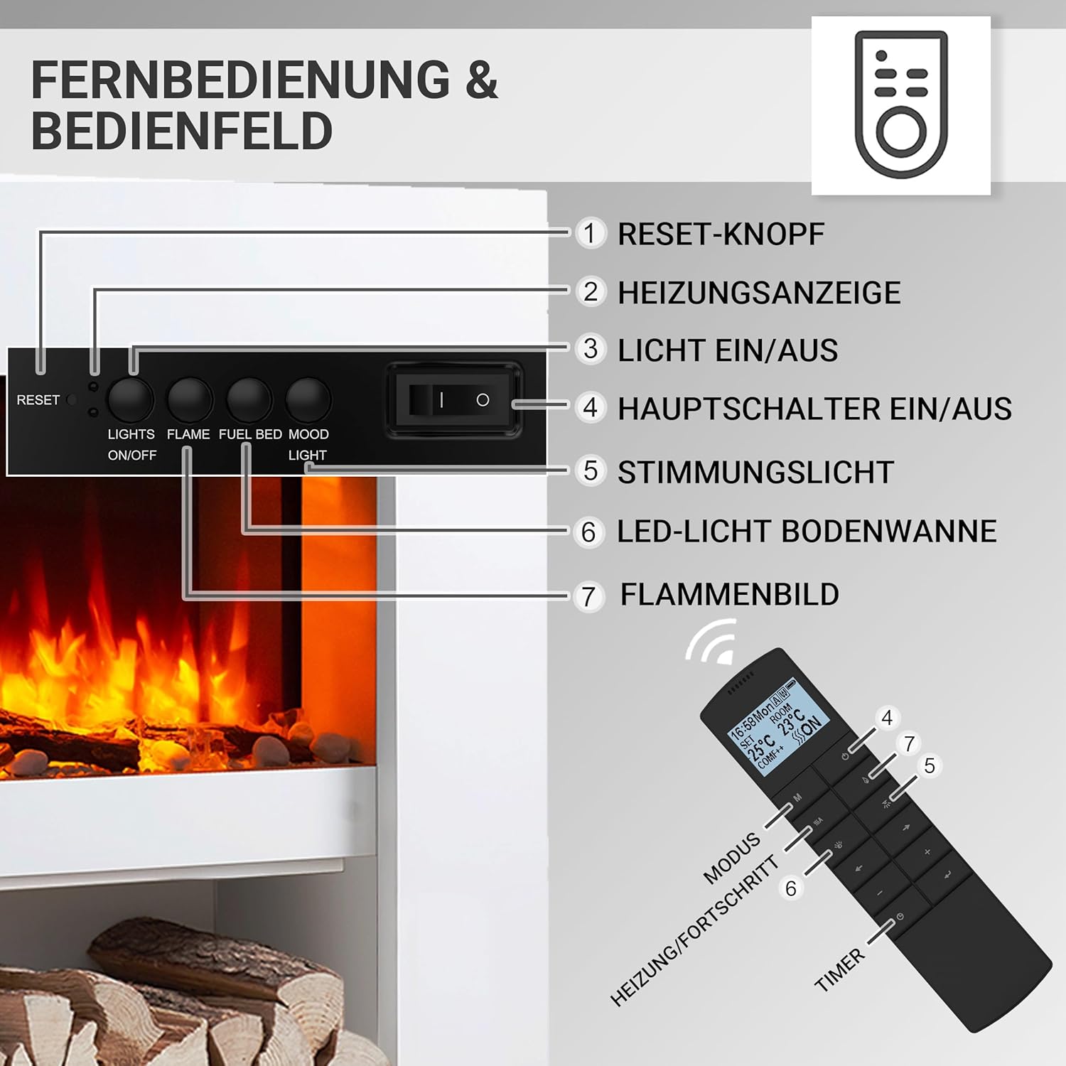 BALDERIA Elektrokamin Naran | Elektrischer Standkamin mit 3D-Flammeneffekt | Elektro Heizung 2000W, LED-Beleuchtung | Kamin mit Fernbedienung, Timer, Startsteuerung & Thermostat | Weiß