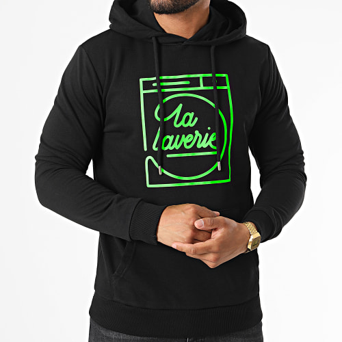 Sweat Capuche La Laverie Noir Vert Fluo