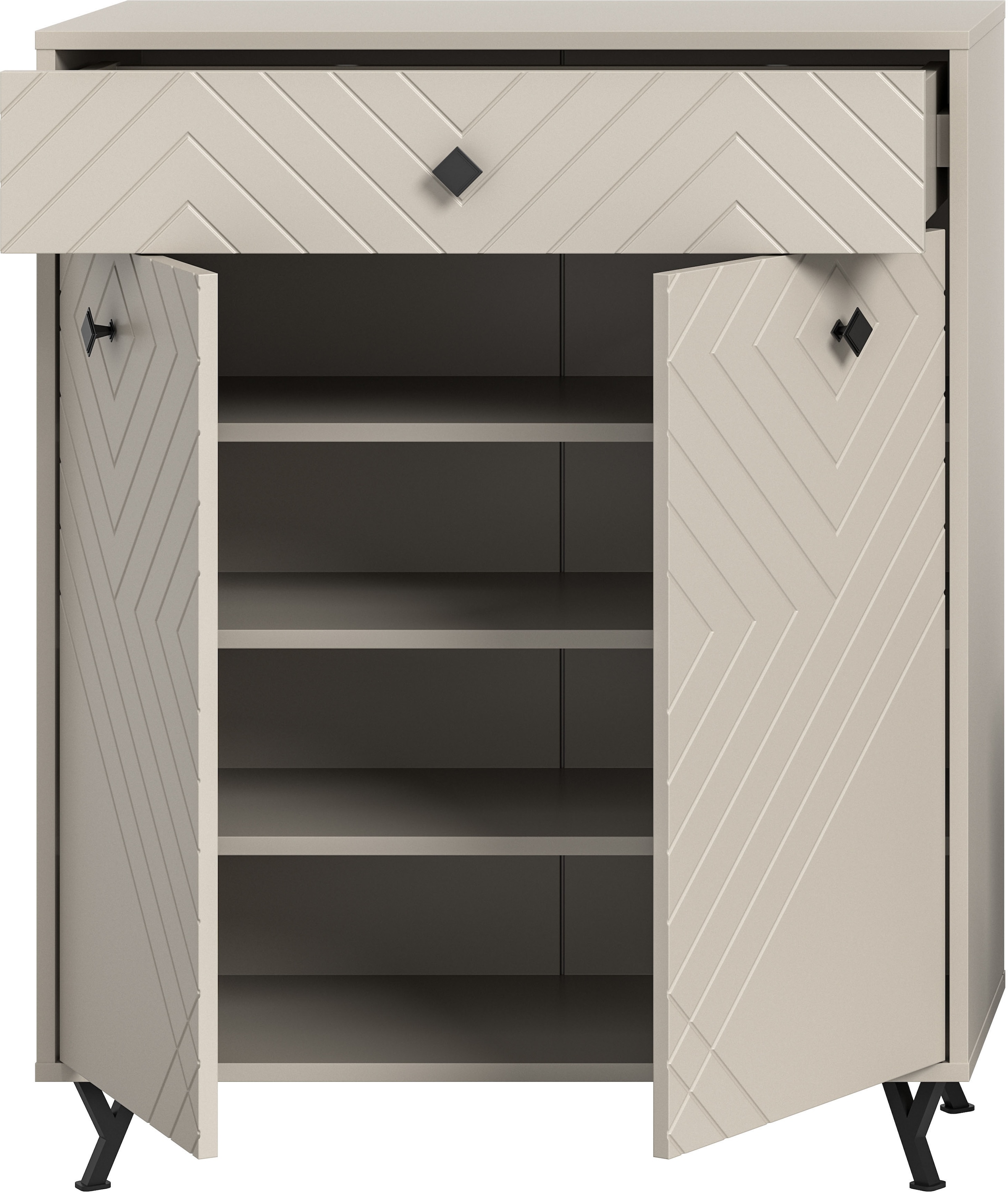INOSIGN Schuhkommode »Mento, Breite 80 cm, 2 Türen & 1 Schubkasten mit Ornamentfräsung« 3 Einlegeböden, 4Fächer, Metall Knopfgriffe & Y-Füsse, Anrichte,Schrank