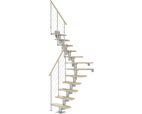 Pertura Spiros middentrap, parelgrijs, kwartslag, links/rechts onder, leuning 75 cm, esdoorn gelamineerd hout, gelakt, 11 treden / 12 stootborden