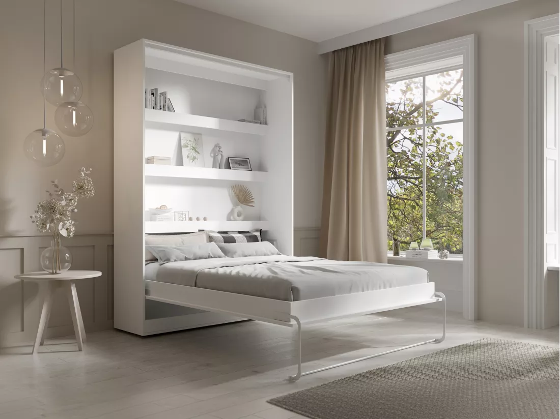 Lit escamotable 140 x 200 cm - Ouverture verticale manuelle - Avec LEDs - Blanc - RAPILI
