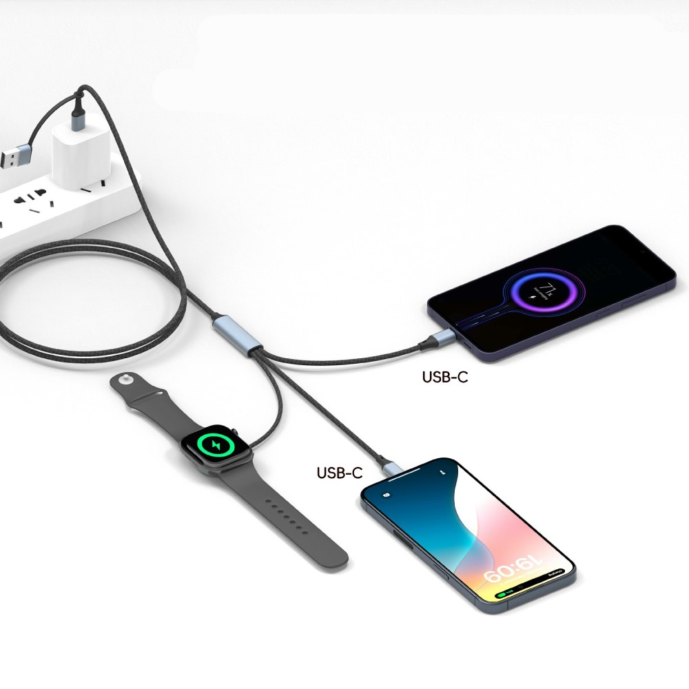 (1m) 100W 3in1 USB C / USB A auf 2 x USB C / Apple Watch Magnetisches Ladekabel Nylon Datenkabel - Blau