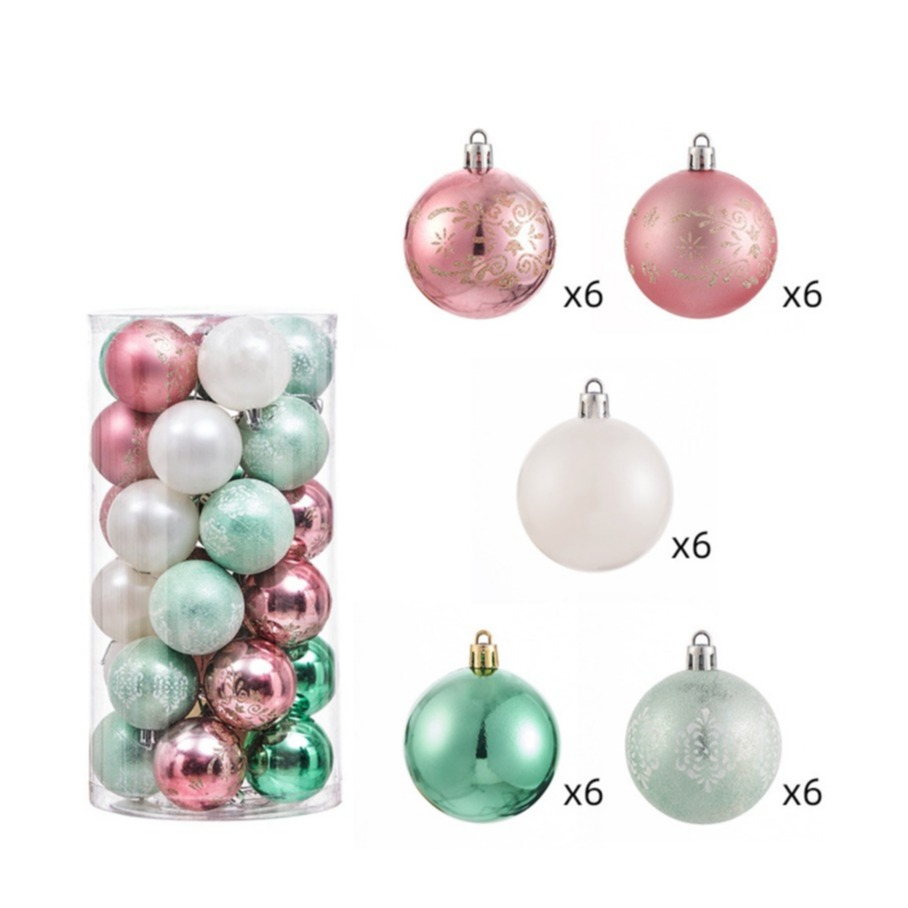 (30er Set) Ø6cm Christbaum Schmuck Glitzer Weihnachtskugeln Tannenbaum Aufhänger Home Deko - Grün / Weiss / Rosa