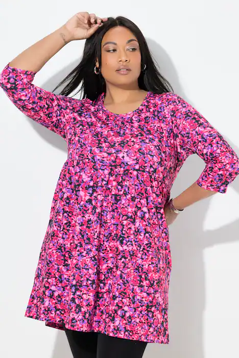 Longshirt, Blüten, A-Linie, Rundhals, 3/4-Arm, schwarz