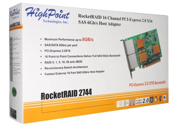 HighPoint RocketRAID 2744 - Styreenhed til lagring (RAID) - 16 Kanal - SATA 6Gb/s / SAS 6Gb/s - RAID 0, 1, 5, 10, 50, JBOD - PCIe 2.0 x16