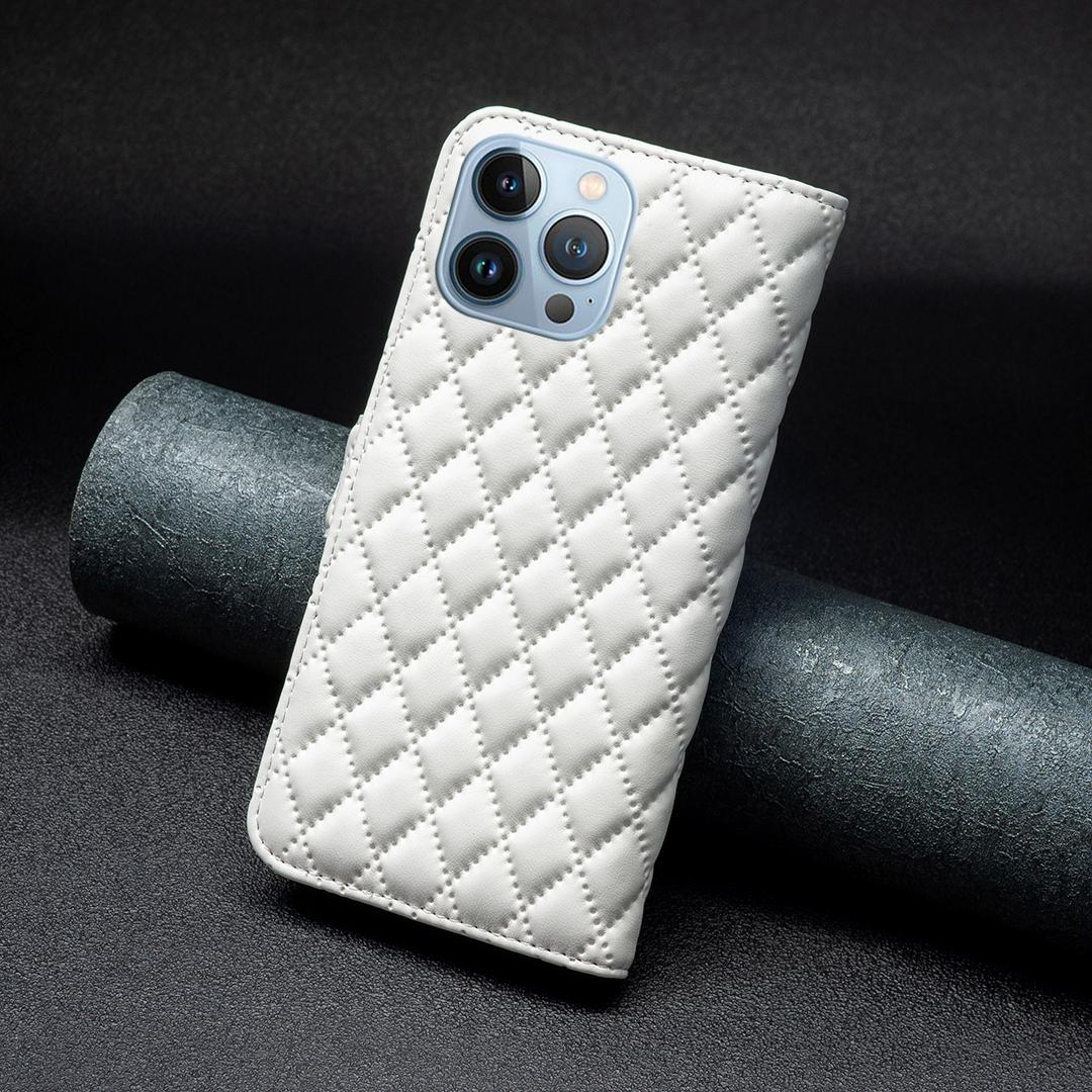 iPhone 14 Pro Max Leder Tasche Flip Cover Steppmuster - Weiss