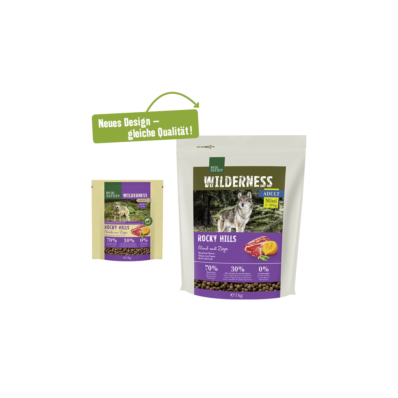 REAL NATURE WILDERNESS Trockenfutter Hund, Adult, Mini, Rocky Hills Rind und Ziege 1 kg