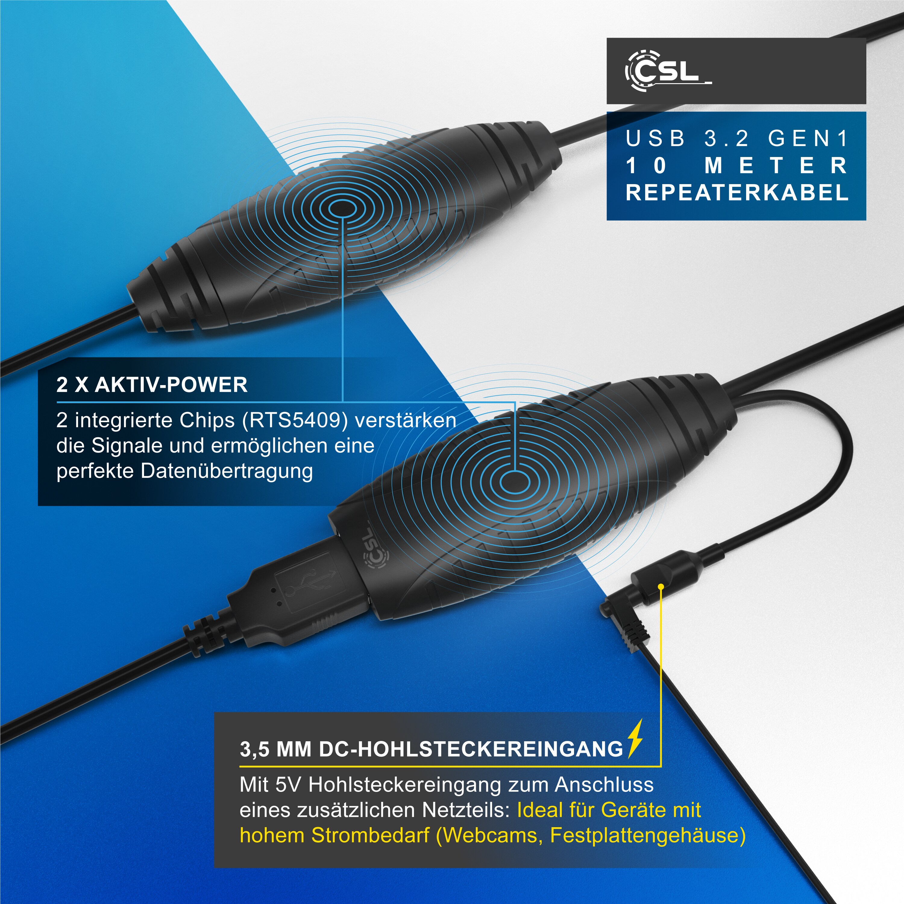 CSL 10m USB 3.2 Repeaterkabel Verlängerungskabel aktiv - USB 3.2 Gen1 - Repeater Verlängerung Verstärker Kabel