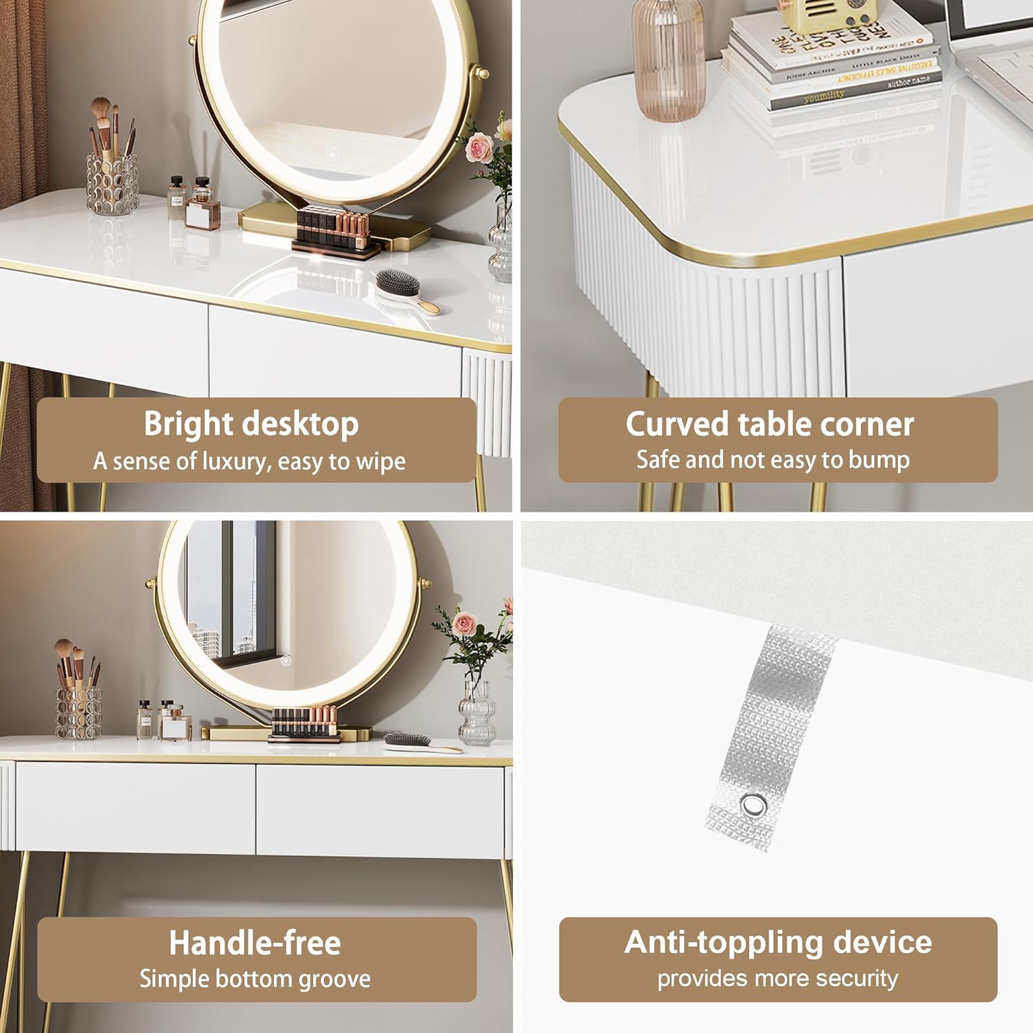 EUGAD Schminktisch mit LED-Beleuchtung, einstellbare Helligkeit, Frisiertisch mit Spiegel, 3 Farben, Kosmetiktisch mit 2 Holzschubladen, mit Metallbeinen, 100x40cm, Modern, Weiß Gold, 0057SZT