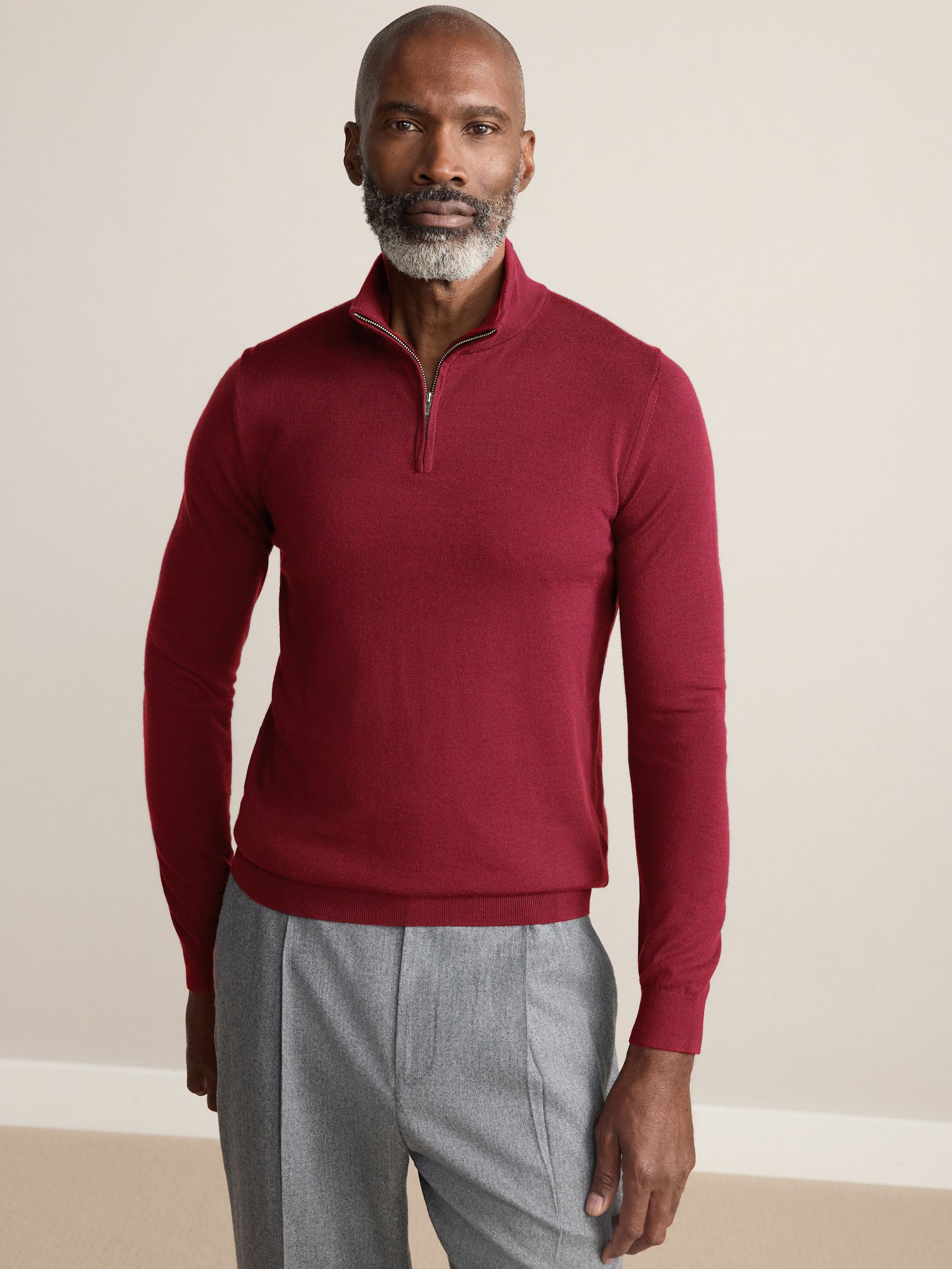 Rood - Regular Fit Signature 100% Merino Wool Zip Neck Jumper