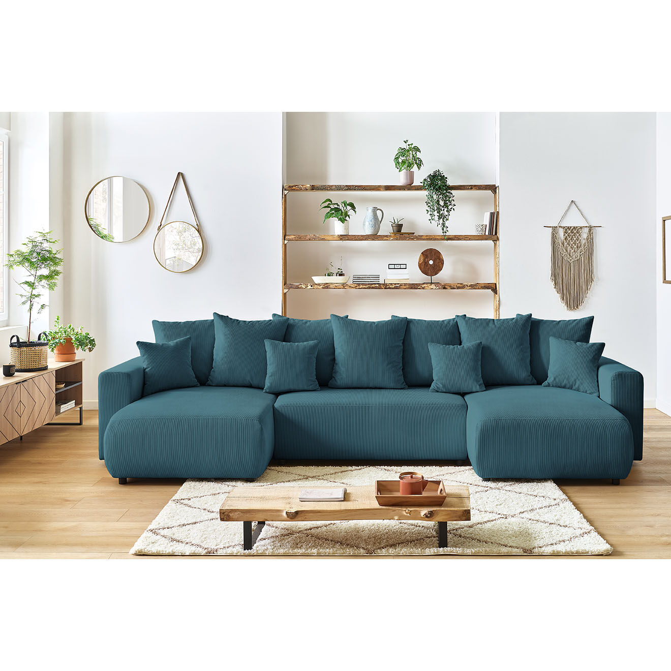 Bobochic Canapé d'angle panoramique convertible coffre Envy bleu foncé - 153/97/153x386x95 cm