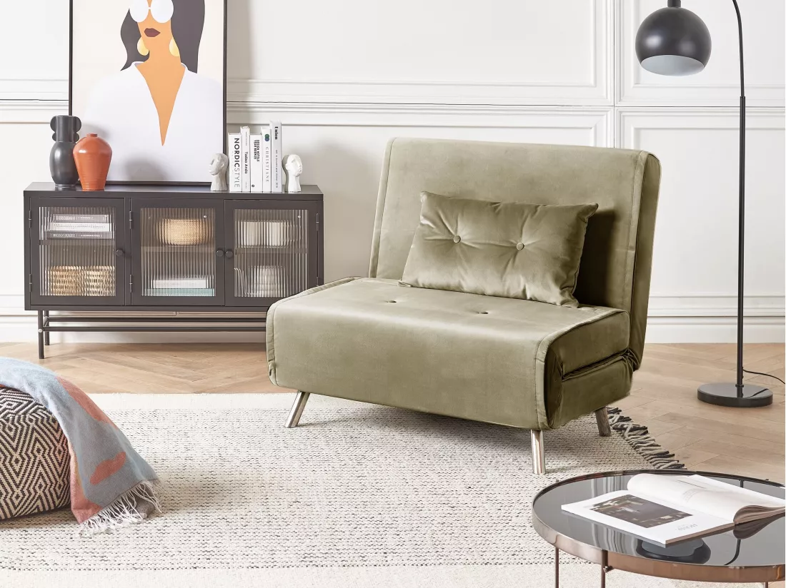 Canapé convertible 1 place en velours vert olive FARRIS