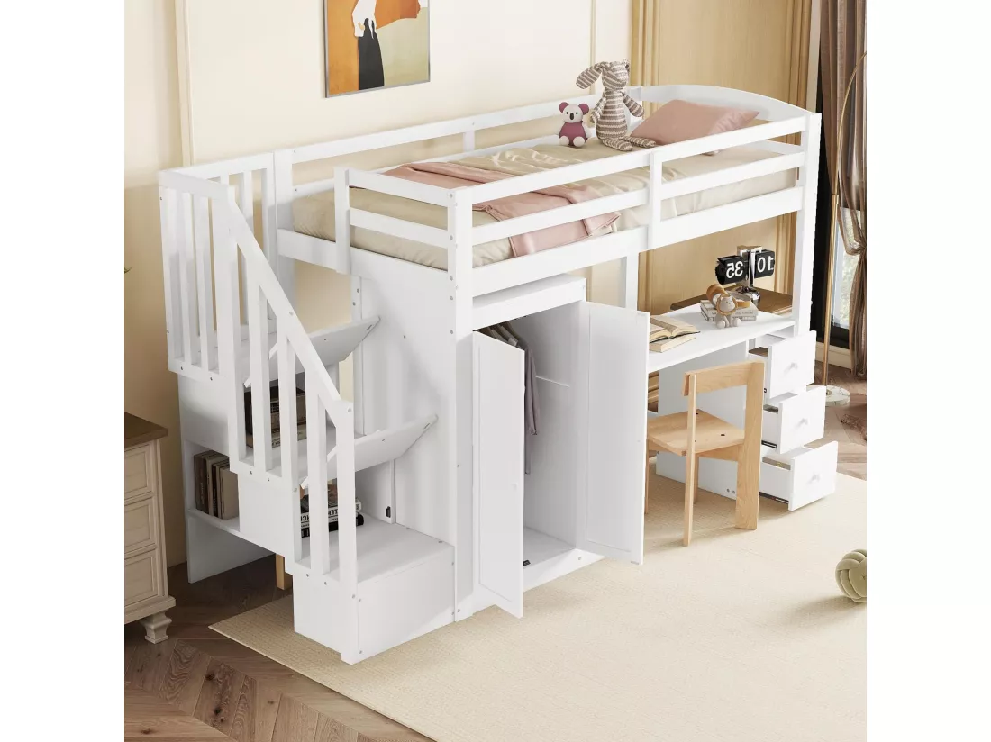 Lit mezzanine 90 x 200 cm avec armoire, bureau, tiroirs et penderie - bois de pin + MDF - blanc (sans matelas)